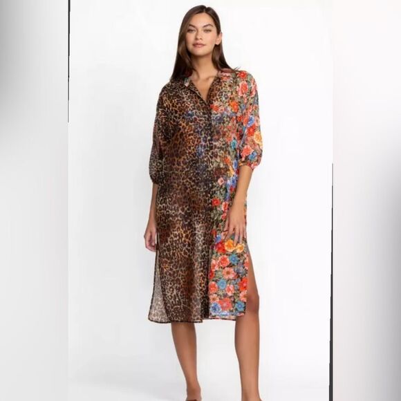 Johnny Was Leopard Button Down Shirt Dress Long Sleeve Floral Chiffon Sz L NEW - Picture 1 of 13